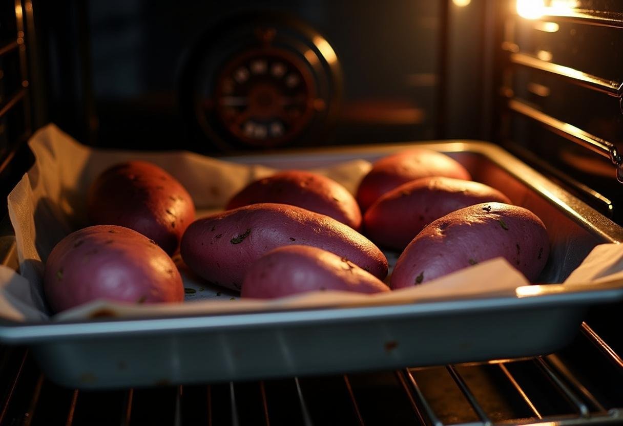 Assadeira com batata doce roxa sendo colocada no forno para cozinhar.