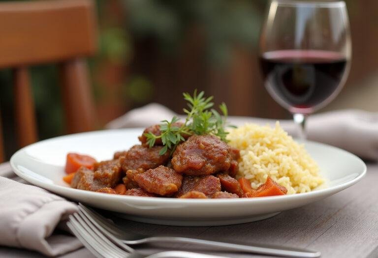 Delicious bifes de cebolada served with rice and wine for a traditional Portuguese meal.