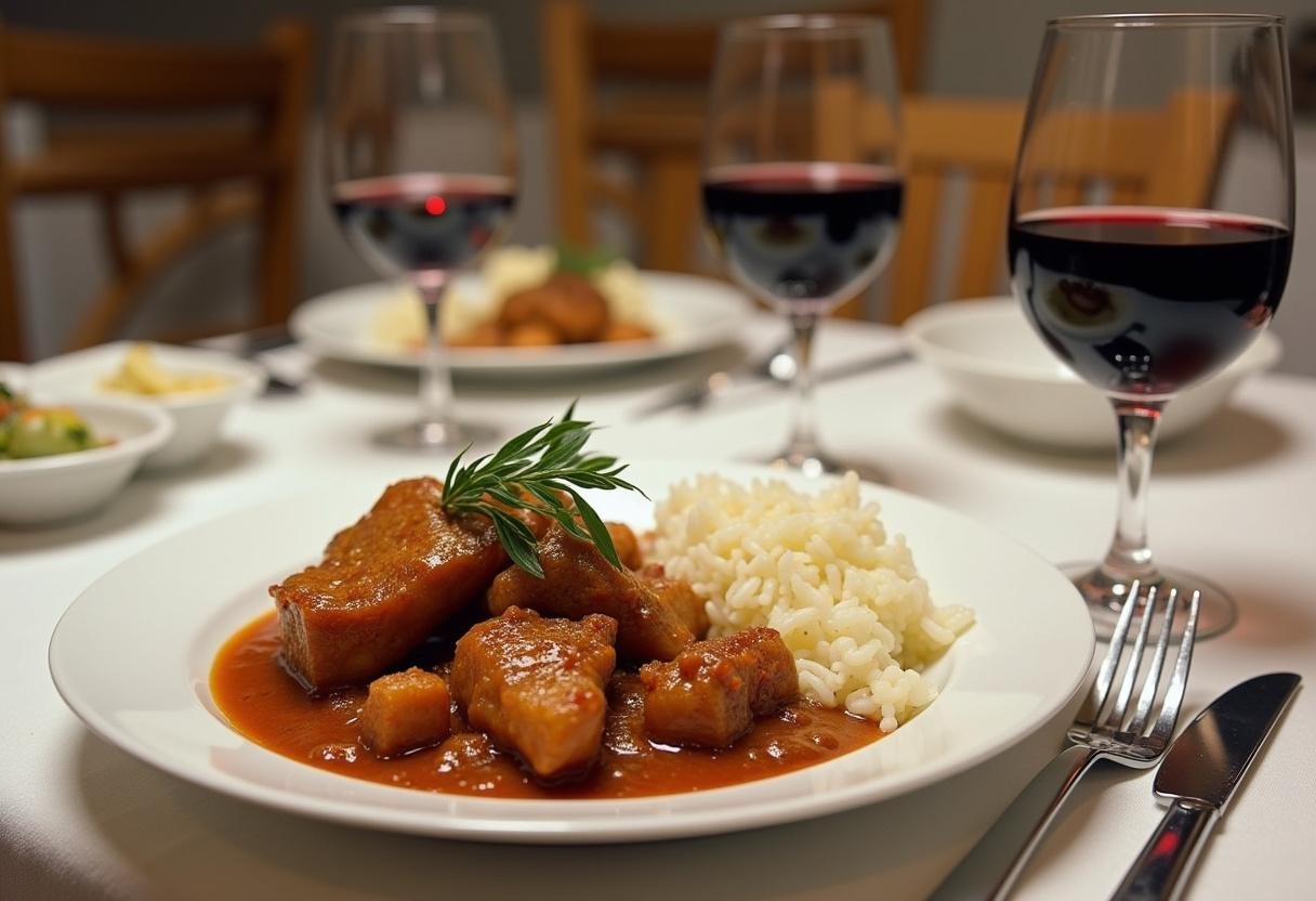 Deliciosos bifes de cebolada servidos com arroz e vinho para uma refeição tradicional portuguesa.