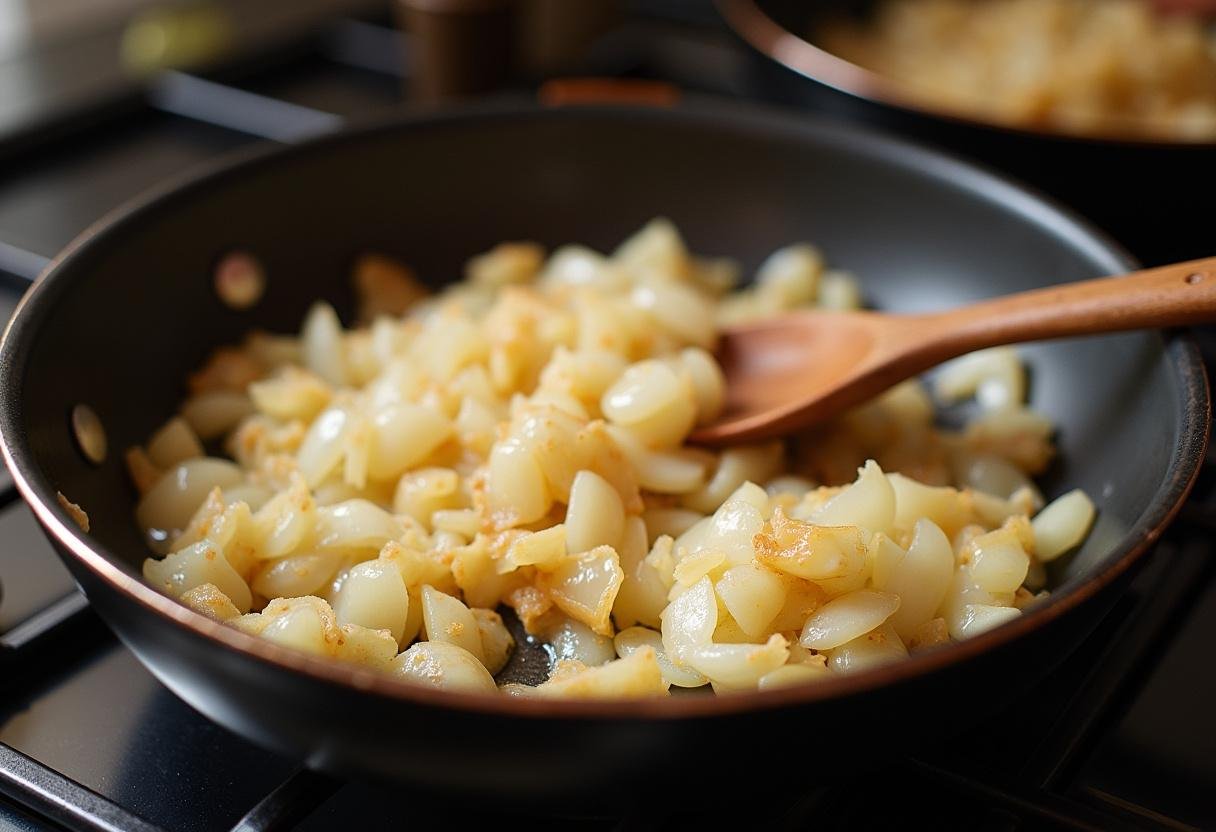 Cebolas fatiadas a cozinhar numa frigideira para fazer bifes de cebolada.