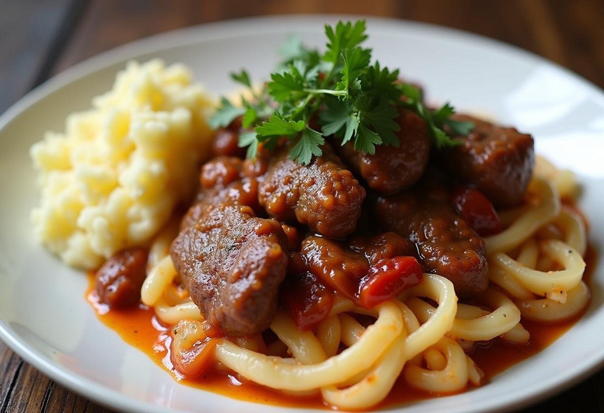 Bola de carne à moda antiga perfeitamente servida com purê de batatas, ideal para almoços familiares.