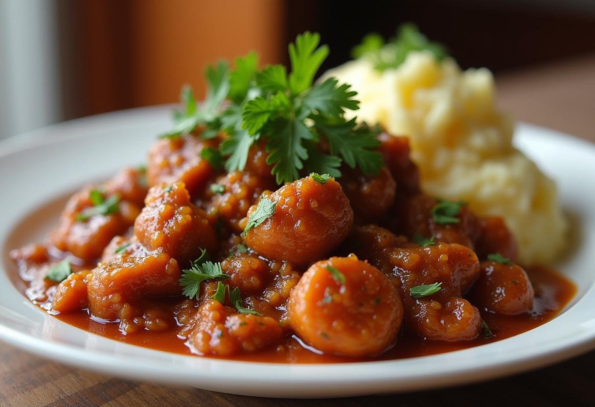 Bola de carne à moda antiga perfeitamente servida com purê de batatas, ideal para almoços familiares.