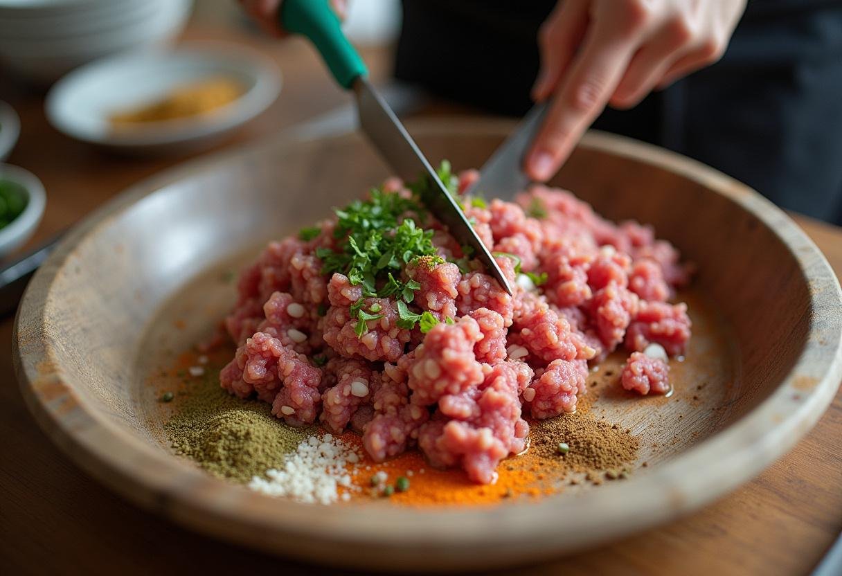 Mistura de carne moída, cebolas e temperos para preparar bola de carne à moda antiga.
