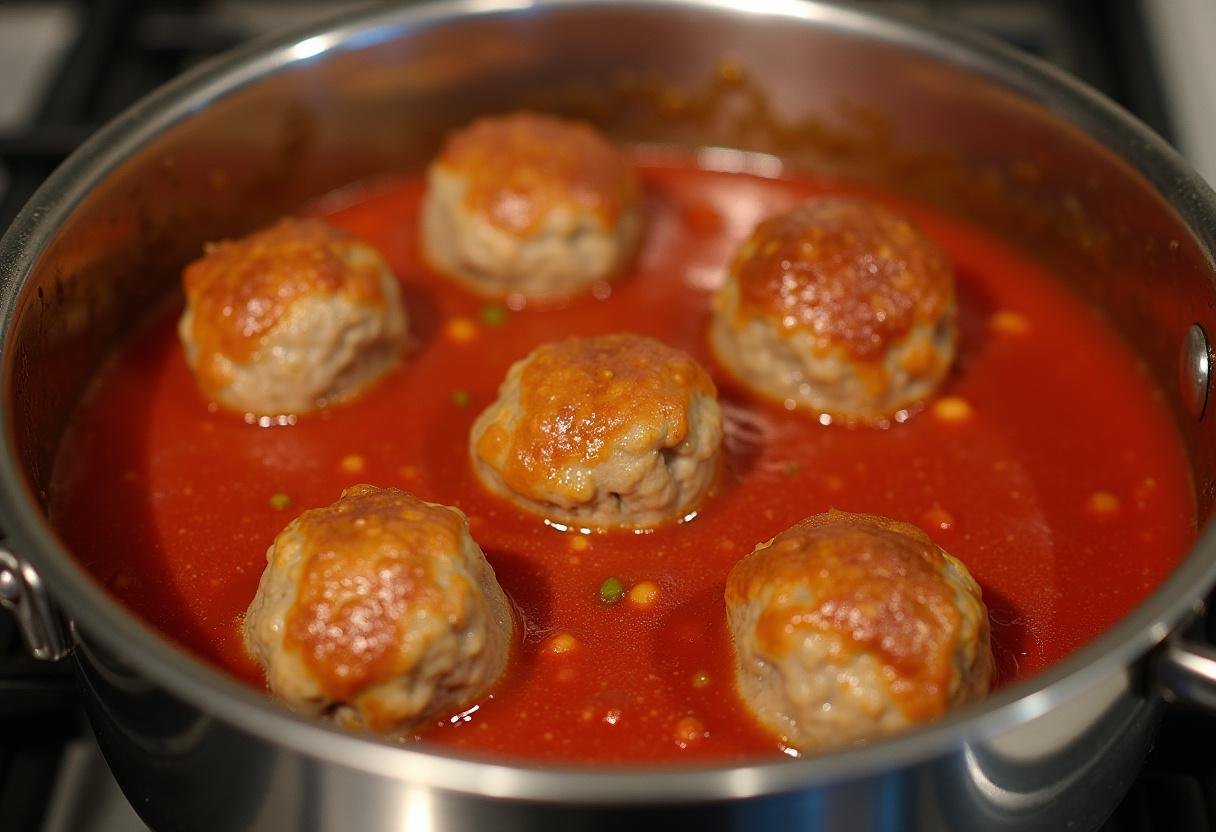 Bolas de carne sendo adicionadas ao molho de tomate na receita de bola de carne à moda antiga.