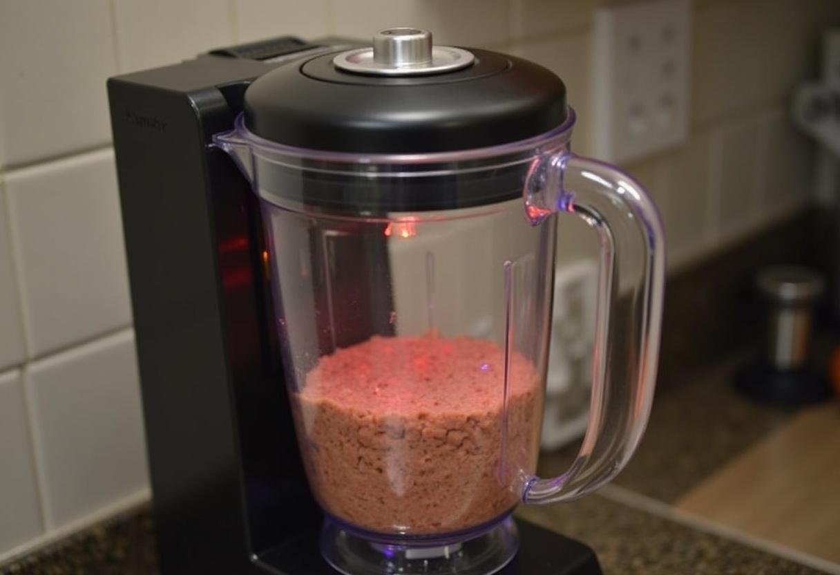 Bimby em funcionamento, processando a mistura de carne para a receita de bola de carne bimby.