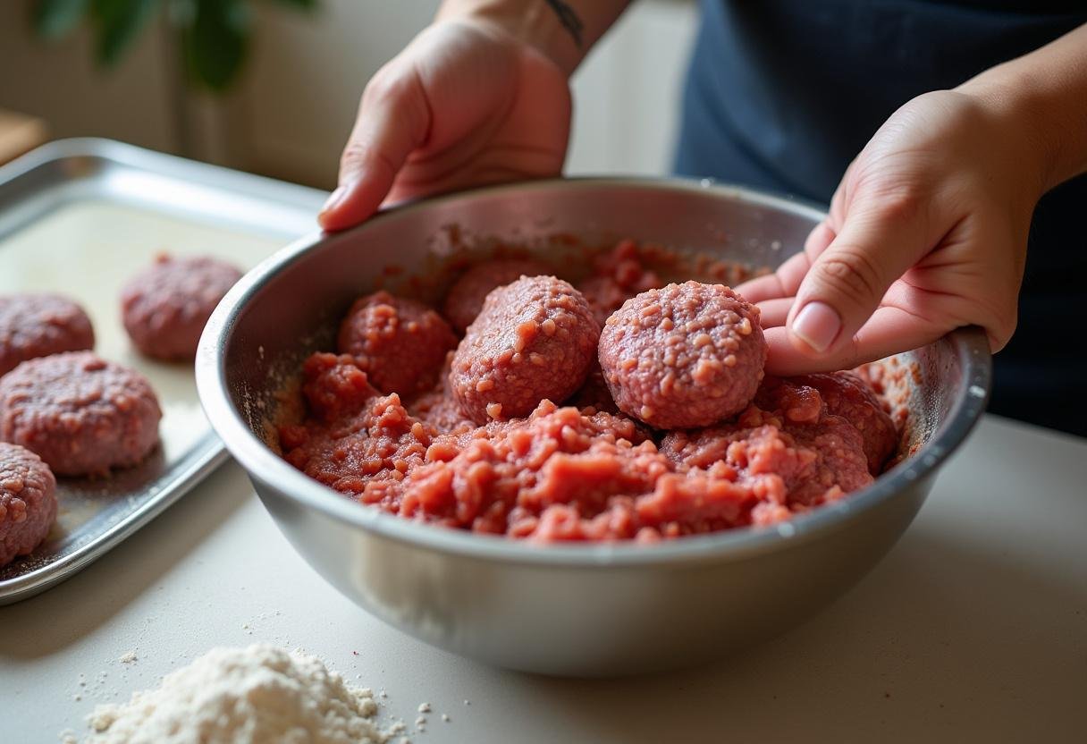 Bolinhos de carne sendo moldados à mão usando a mistura preparada na receita de bola de carne bimby.