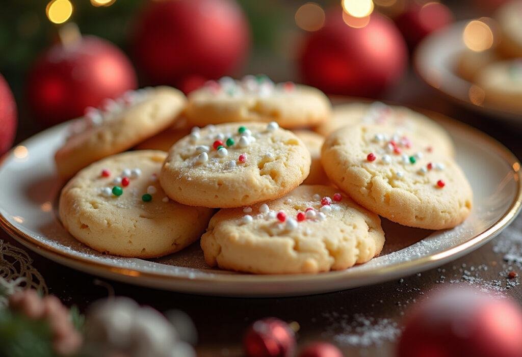 Bolachas de manteiga caseiras decoradas com açúcar, prontas para serem servidas.