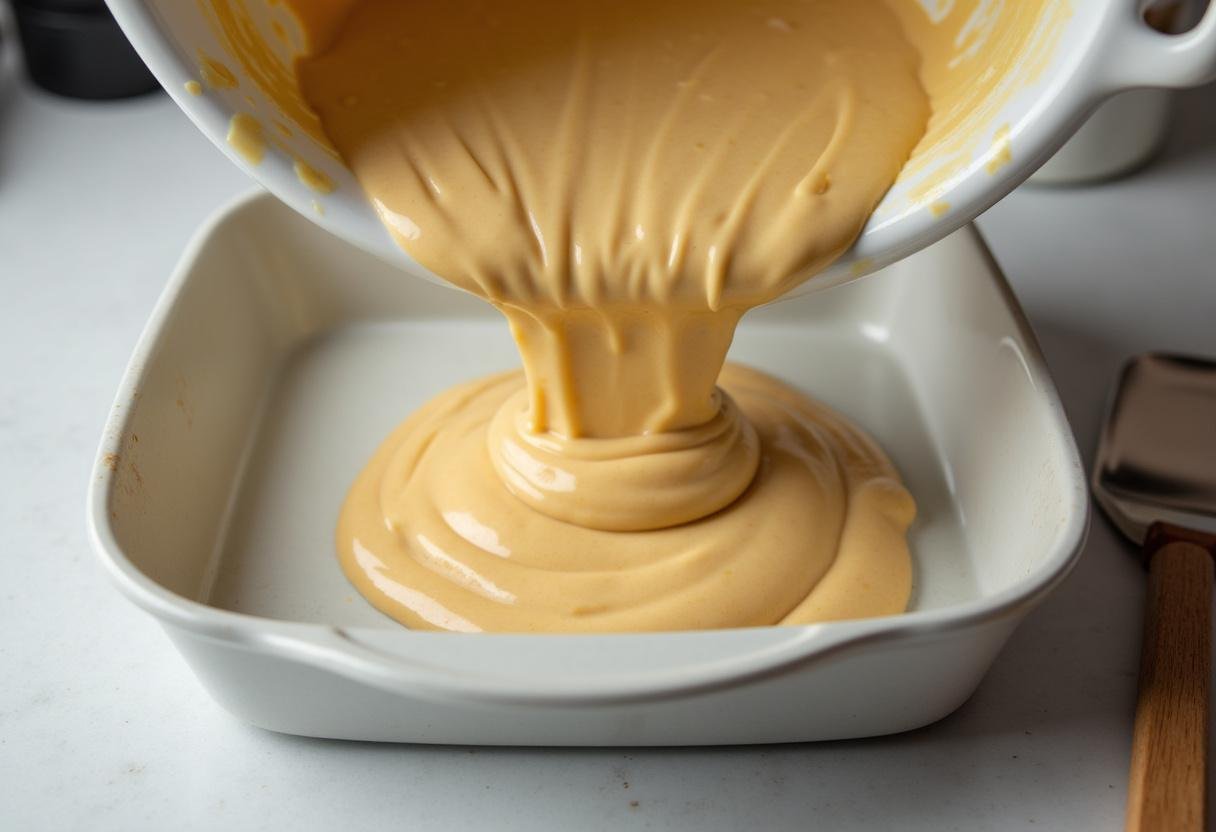 Massa do bolo colchão de noiva sendo colocada na forma untada para assar.