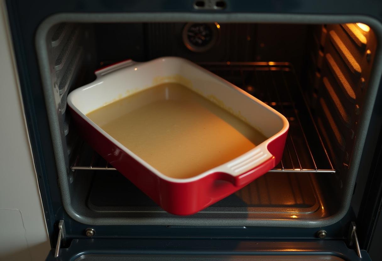 Forma com massa de bolo colchão de noiva sendo colocada no forno para assar.