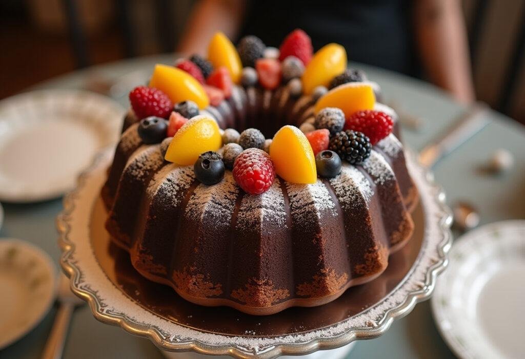 Finished Bolo Rei de Chocolate beautifully decorated, perfect for celebrations.