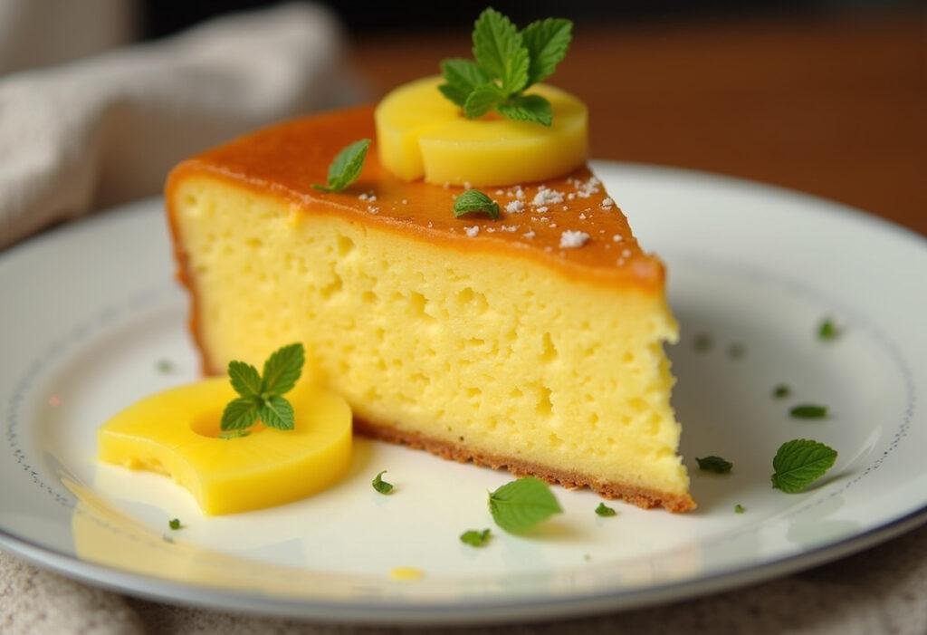 Porção de bolo de ananás tradicional, decorada com abacaxi fresco, perfeita para servir.