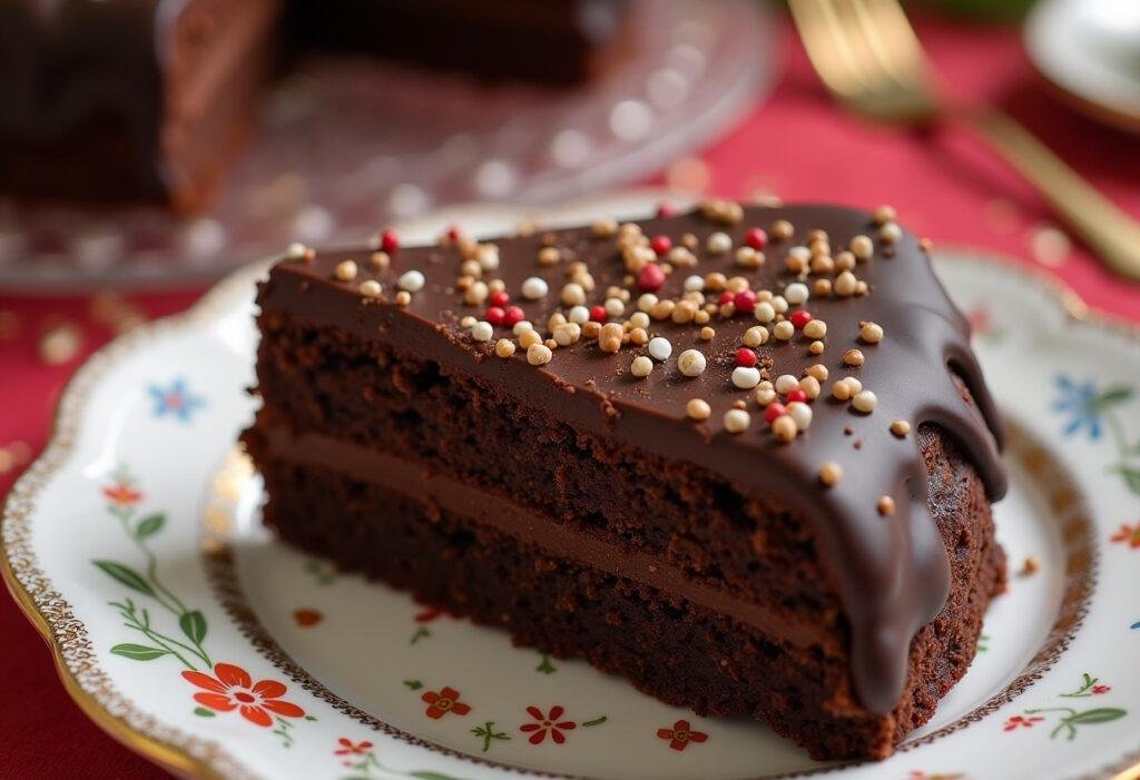 Bolo de brigadeiro humido finalizado, decorado com ganache de chocolate e granulado, perfeito para servir.