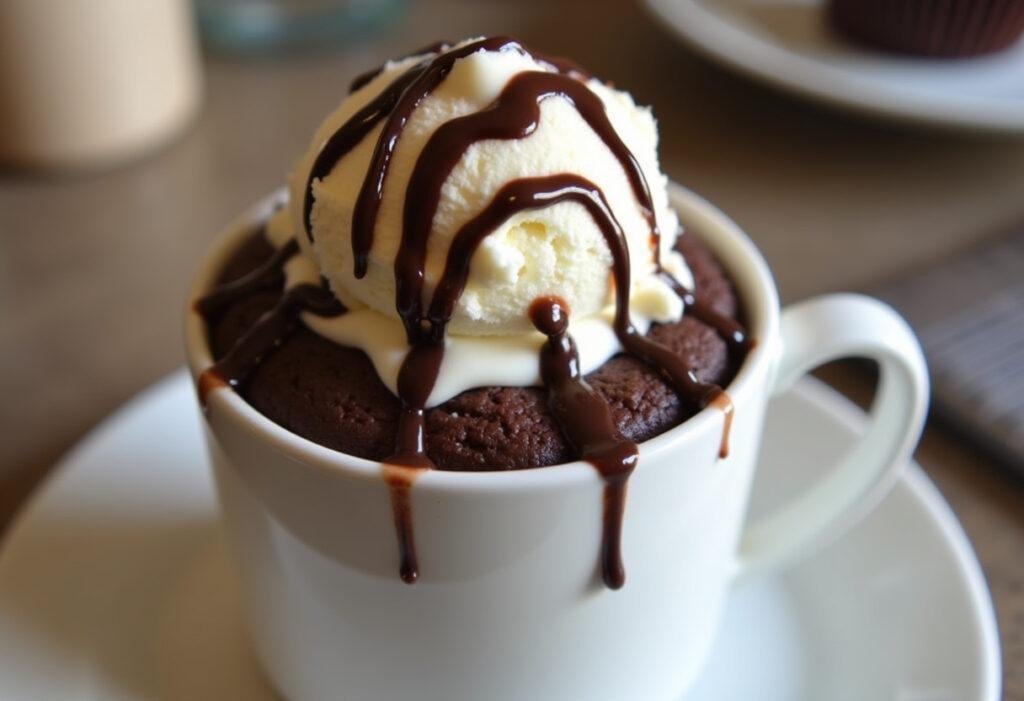 Bolo de caneca de chocolate finalizado, com sorvete e calda de chocolate, perfeito para servir.