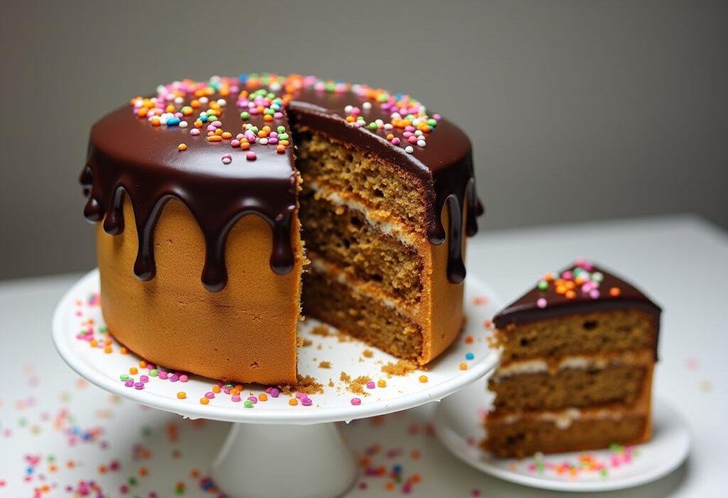 Bolo de cenoura humido e fofo decorado com cobertura de chocolate, perfeito para servir.