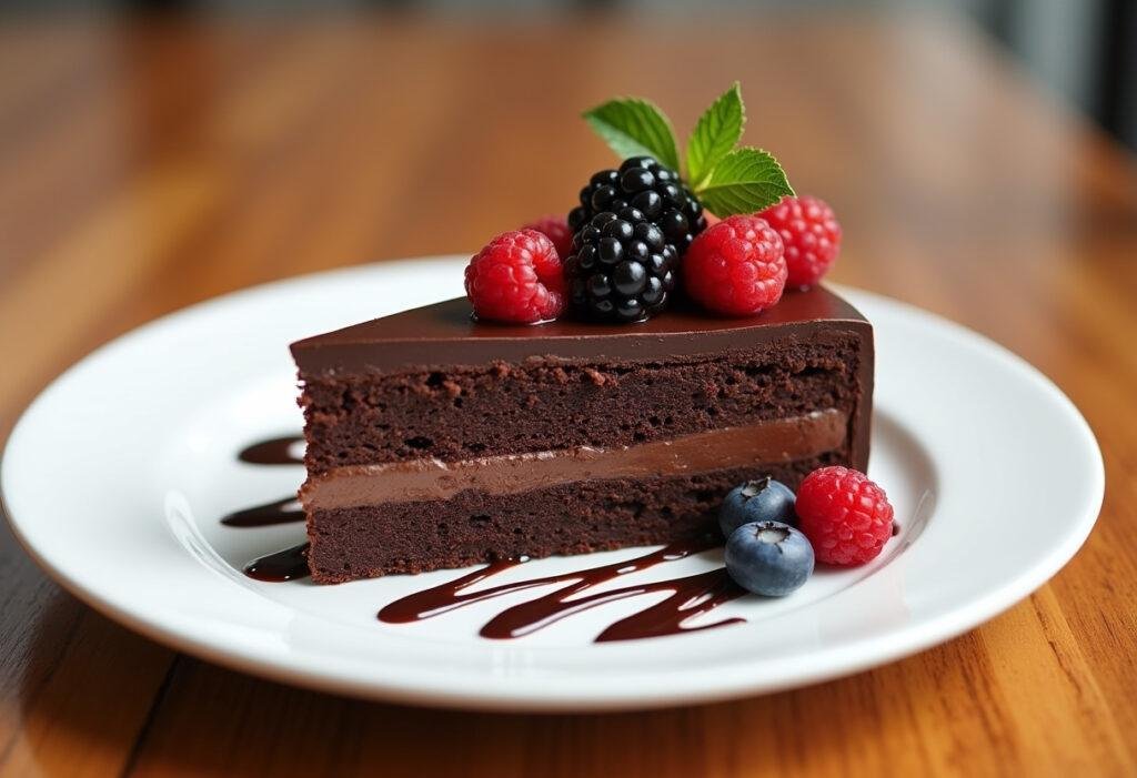 Fatia de bolo de chocolate bimby molhadinho decorada com calda de chocolate e frutas, pronta para ser apreciada.