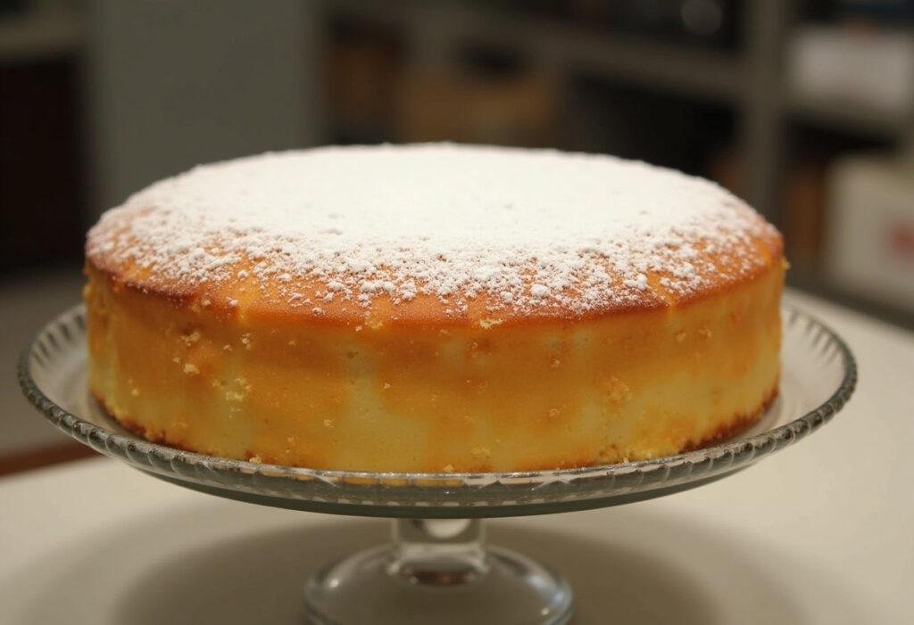 Bolo de claras leve finalizado, fofinho e dourado, perfeito para servir.