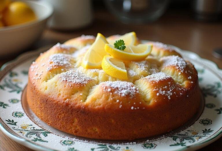 Bolo de iogurte grego finalizado, decorado e pronto para ser servido.