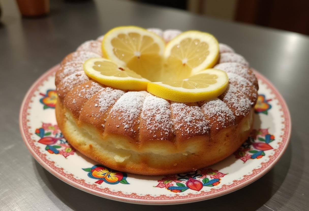 Bolo de iogurte grego finalizado, decorado e pronto para ser servido.