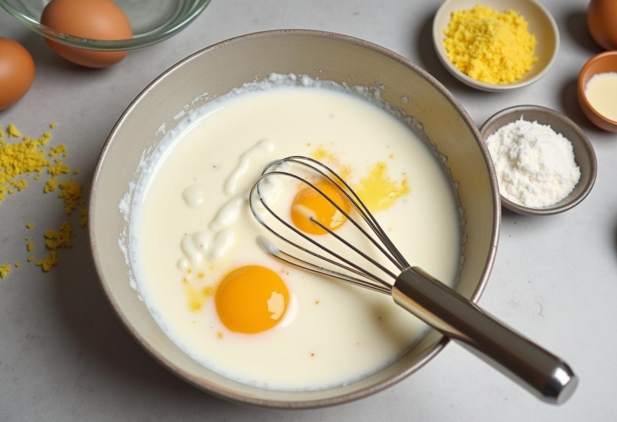 Mistura de iogurte, ovos e açúcar para a receita de bolo de iogurte.