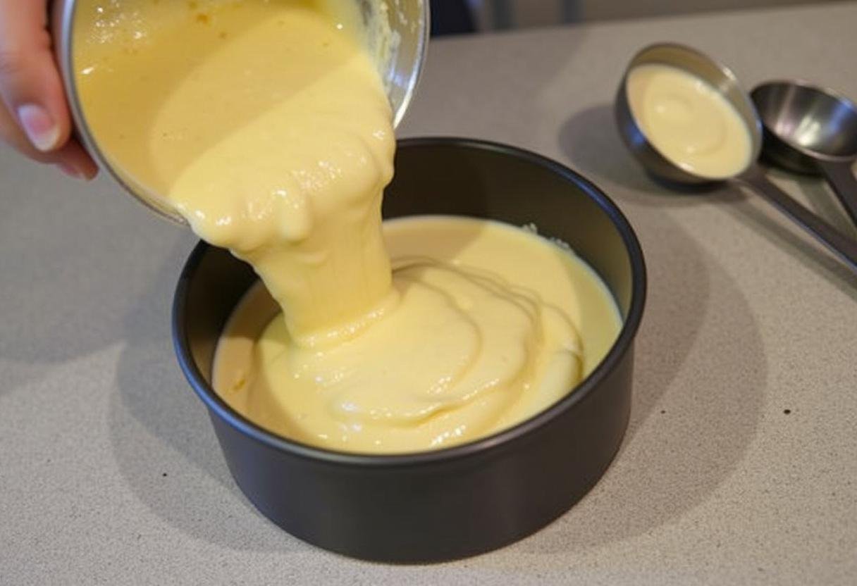 Bolo de iogurte sendo despejado em uma forma, pronto para ser assado.