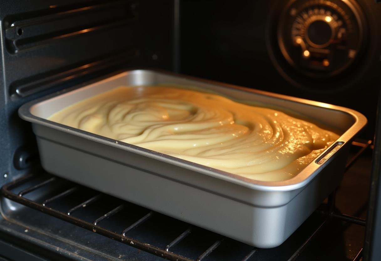 Forma de bolo de iogurte sendo colocada no forno para assar.