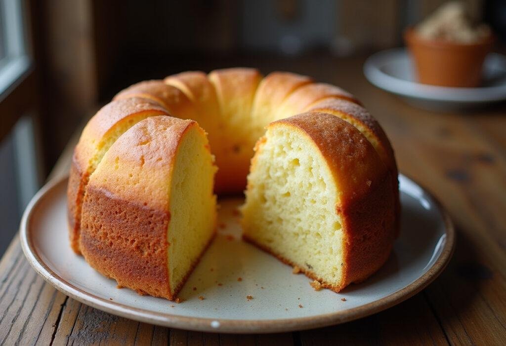 Bolo de levedo recém-assado, com textura fofa e servido em uma mesa rústica.
