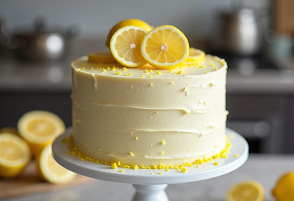 Bolo de limão úmido finalizado, decorado com fatias de limão, perfeito para servir.