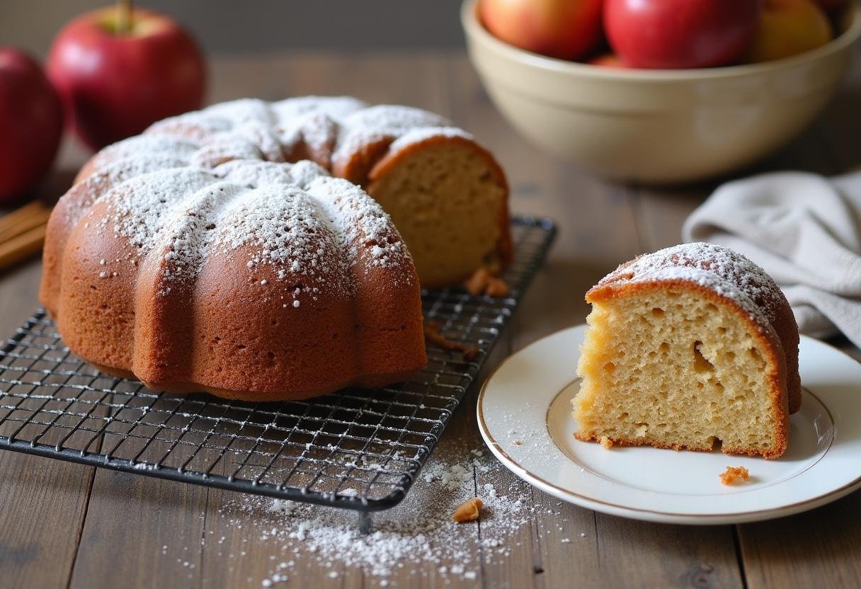 Bolo de maçã e canela fofo acabado, pronto para ser degustado.