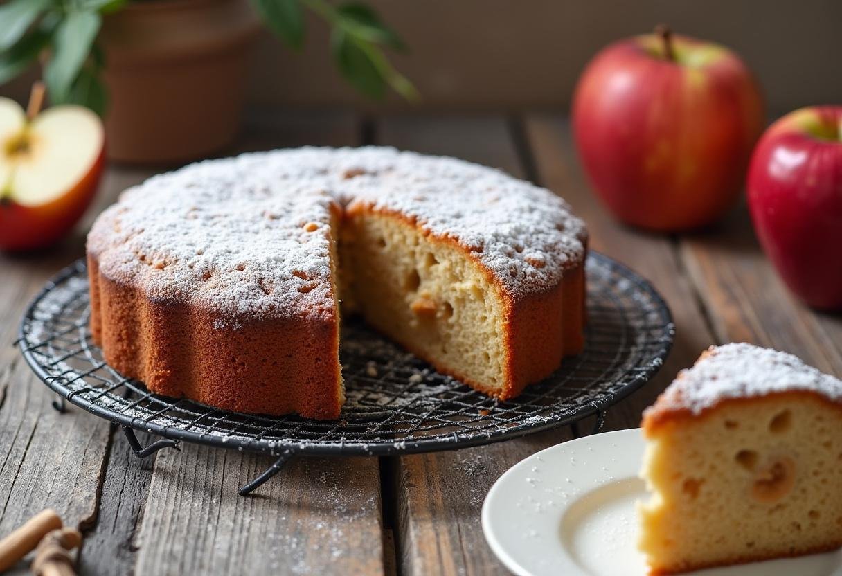 Bolo de maçã e canela fofo acabado, pronto para ser degustado.