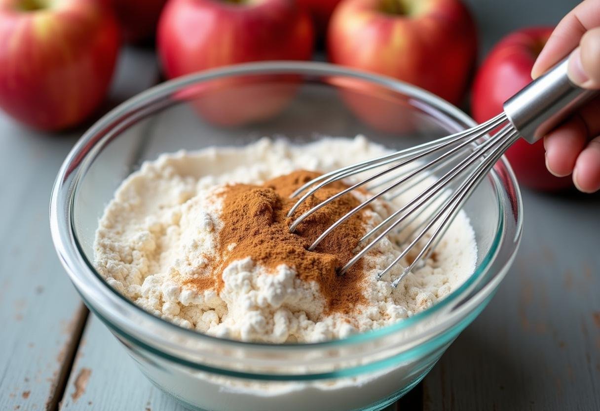 Mistura de farinha, açúcar e canela sendo preparada para bolo de maçã e canela fofo.