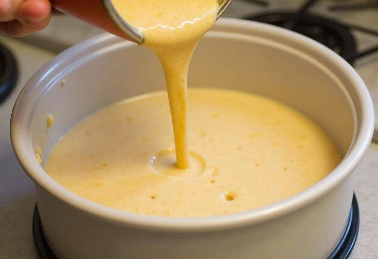 Massa de bolo de maçã e canela sendo colocada em uma forma untada.