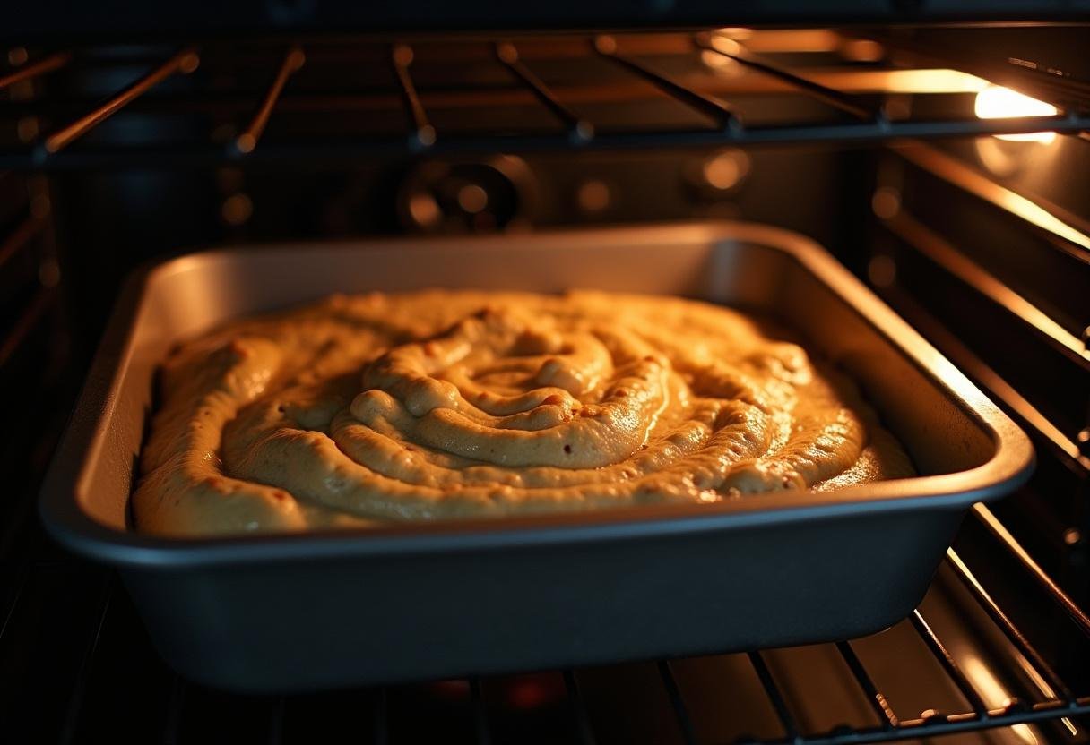 Forma de bolo de maçã e canela sendo colocada no forno para assar.
