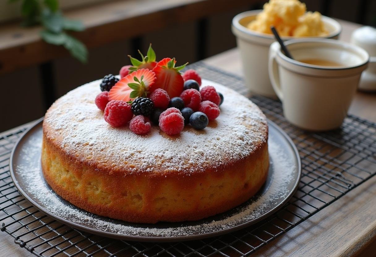 Bolo vegano simples acabado, adornado com frutas frescas e açúcar de confeiteiro.