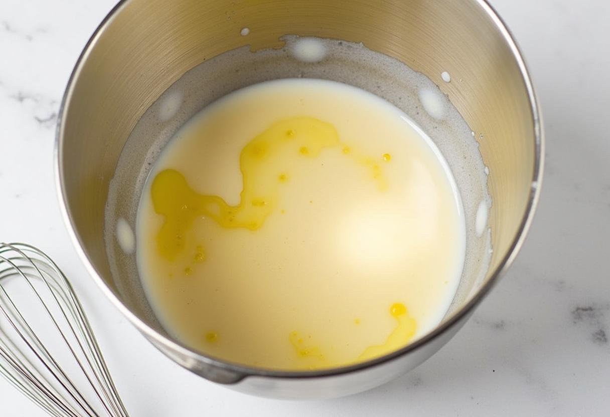 Mistura de ingredientes molhados para bolos veganos simples, prontas para serem combinadas.