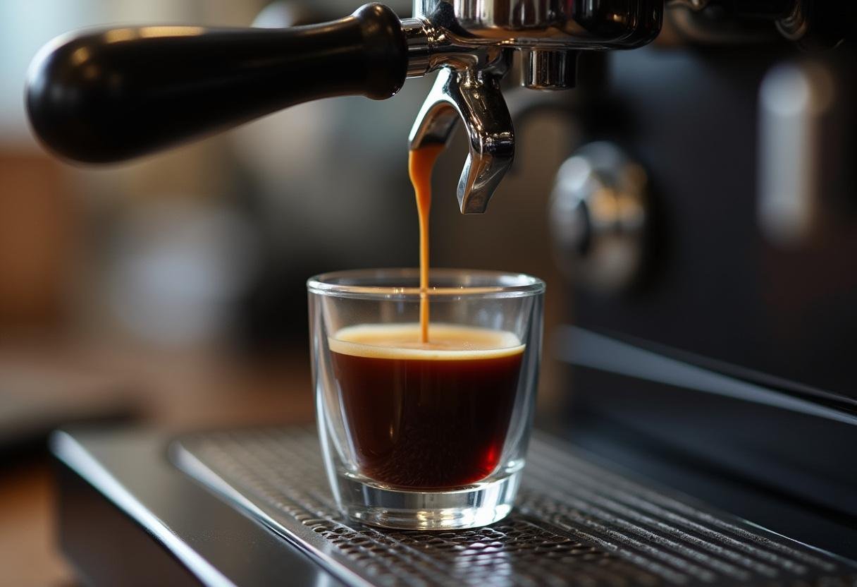 Extraindo uma dose fresca de expresso para a receita de café pingado.