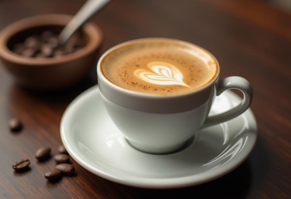 Montando o café pingado com expresso e leite quente em um ambiente aconchegante.