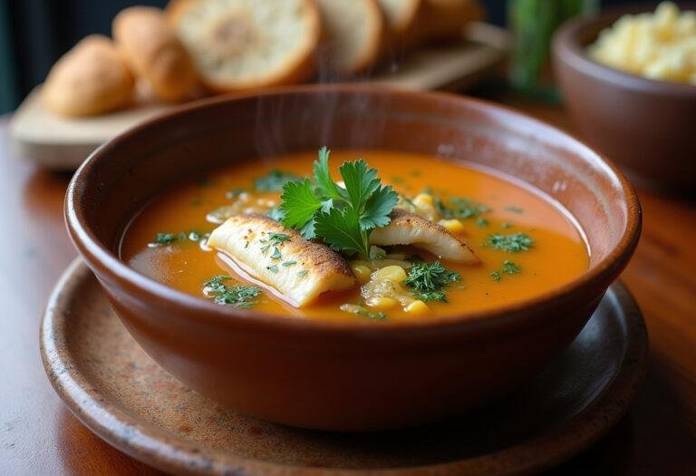 Caldeirada de peixe pronta para servir, deliciosa e acompanhada de pão crocante.