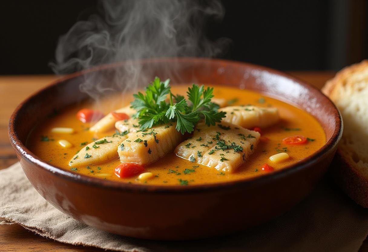 Caldeirada de peixe pronta para servir, deliciosa e acompanhada de pão crocante.