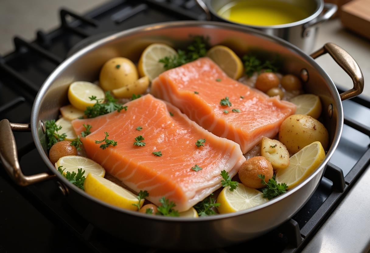 Camada de peixe fresco e vegetais em uma panela para caldeirada de peixe receita.