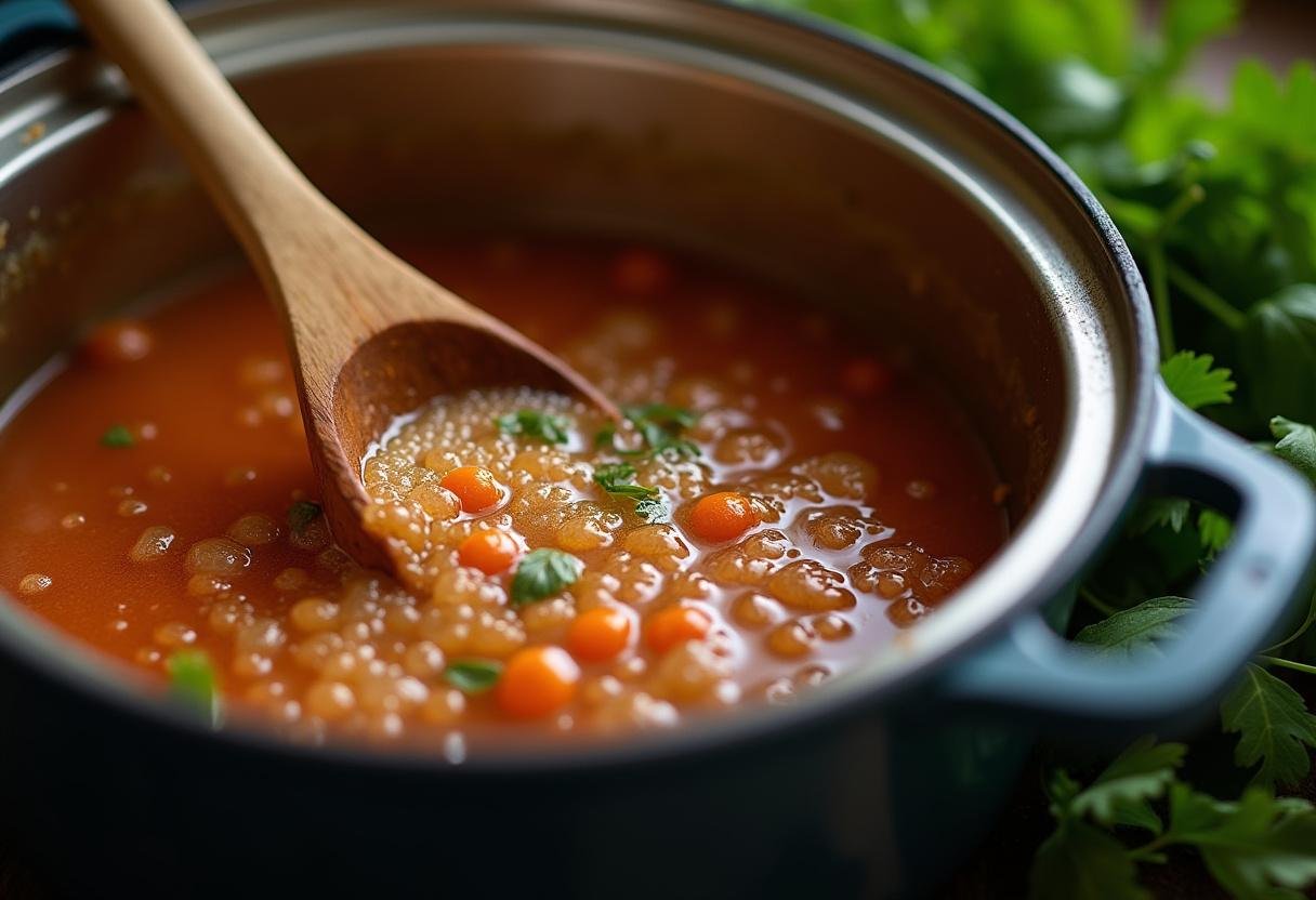 Mistura de peixe e vegetais sendo mexida na caldeirada de peixe receita.