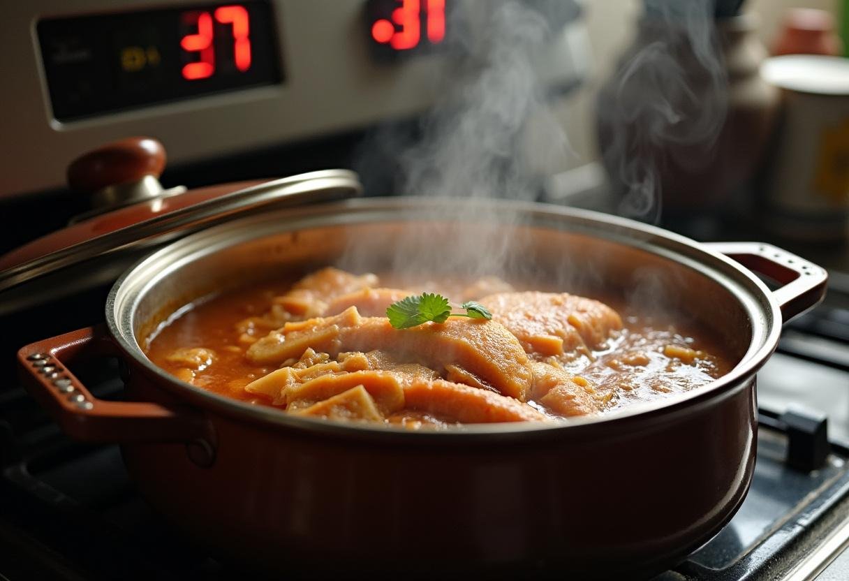 Panela de caldeirada de peixe cozinhando no fogão para receita de caldeirada de peixe.