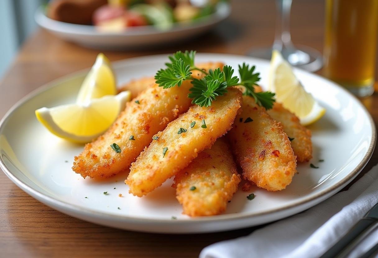 Crispy caras de bacalhau served with lemon and parsley, perfect for a delicious seafood dish.