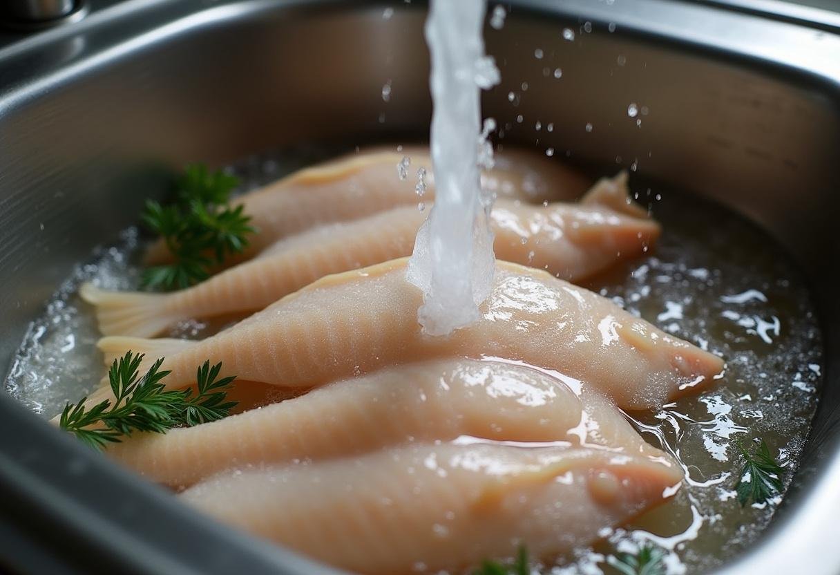 Rinsing caras de bacalhau in preparation for frying.