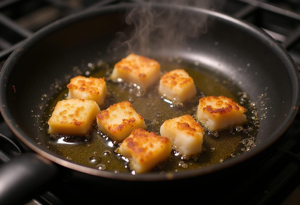 Frying caras de bacalhau in hot oil to achieve a crispy texture.