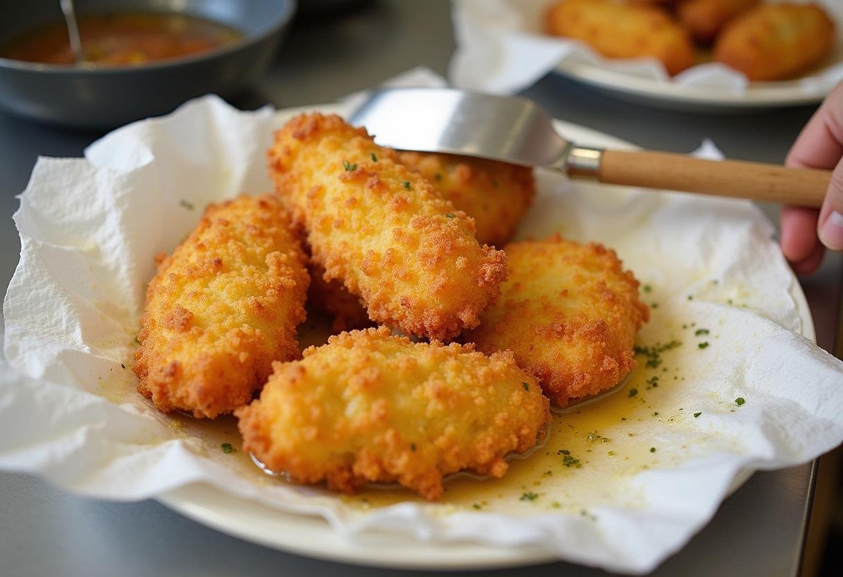 Draining fried caras de bacalhau on paper towels after frying for extra crunchiness.