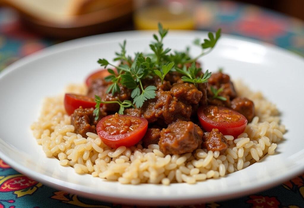 Final presentation of Carne de Coração com Tomate, a delicious dish served with rice and fresh herbs.
