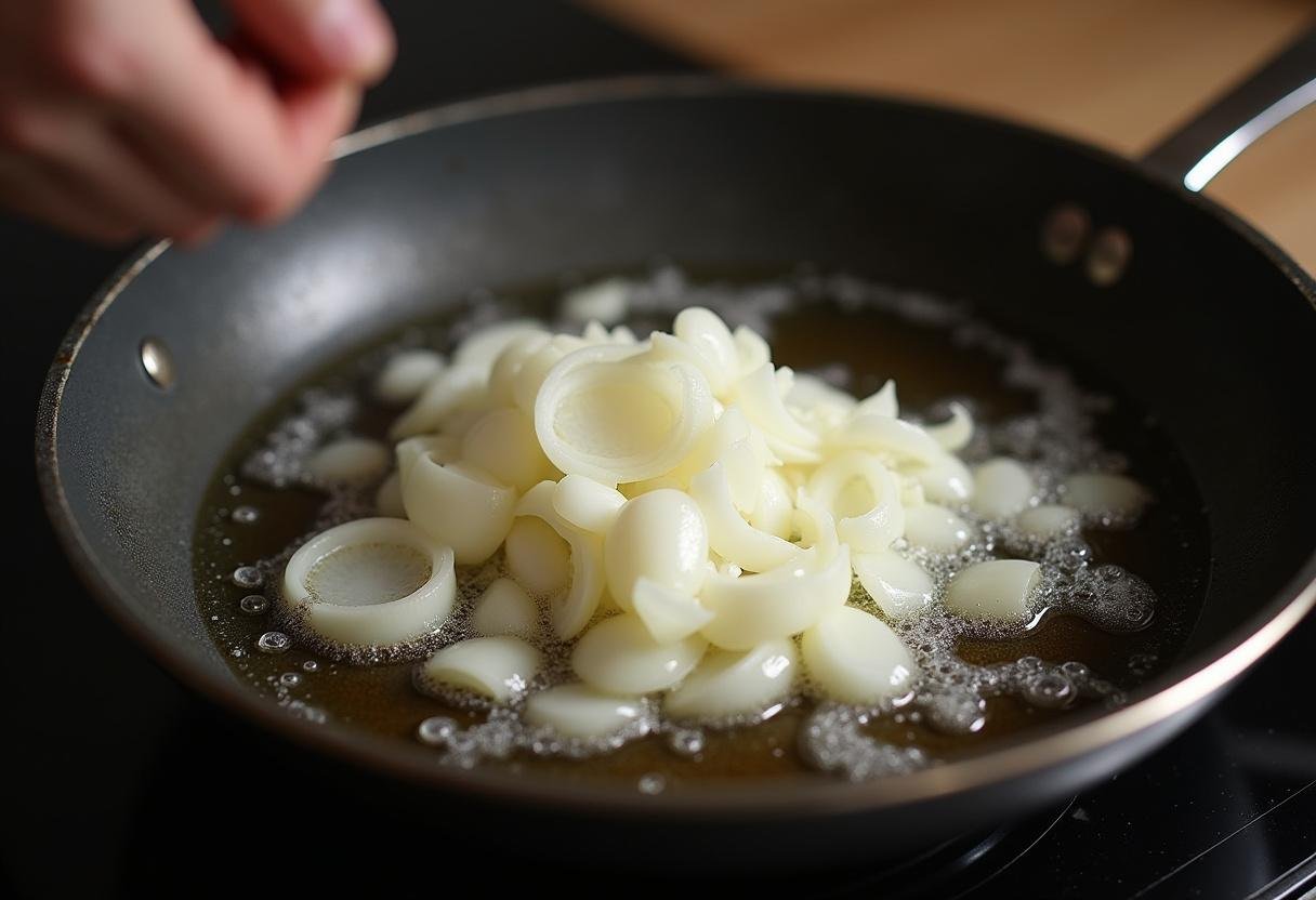 Sliced onions being added to hot oil for cebola frita crocante preparation.
