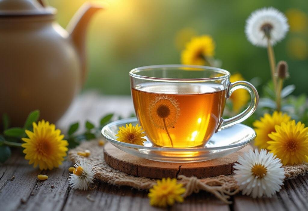 Chá de dente de leão natural em uma xícara elegantemente apresentada, ideal para momentos de relaxamento.