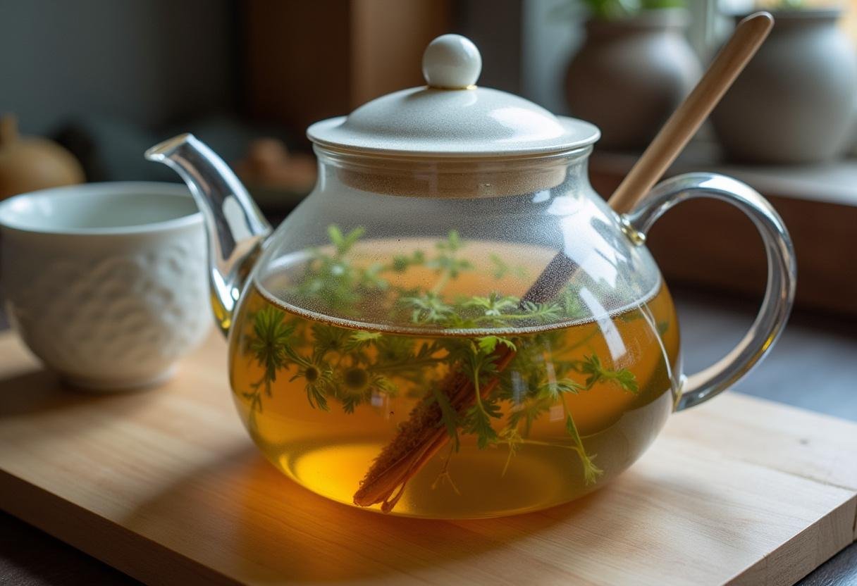 Chá de dente de leão natural sendo preparado em uma chaleira na cozinha.
