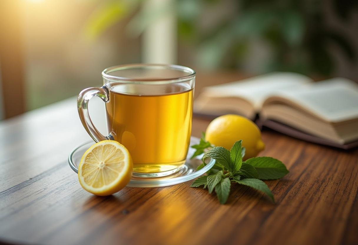 Copo de chá de dente de leão natural servido com limão e hortelã.